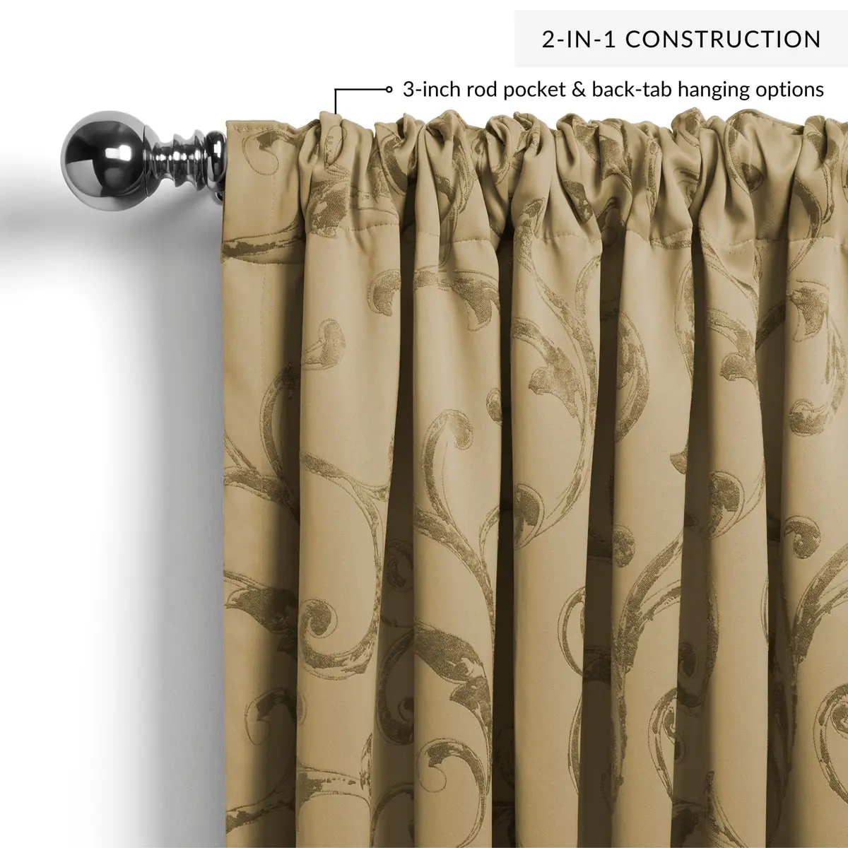 Threadmade Mia Jacquard Scroll Blackout Window Curtain, Gold - 52"W x 95"L | Elegant Sun-Blocking Opulence - view 3