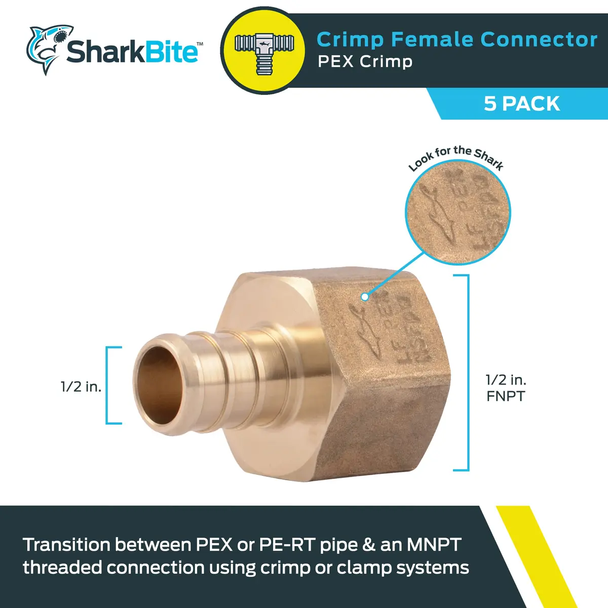 SharkBite 1/2 Inch PEX Crimp x 1/2 Inch FNPT Brass Adapter (5-Pack) | Plumbing Fitting for Potable Water & Hydronic Heating - view 2