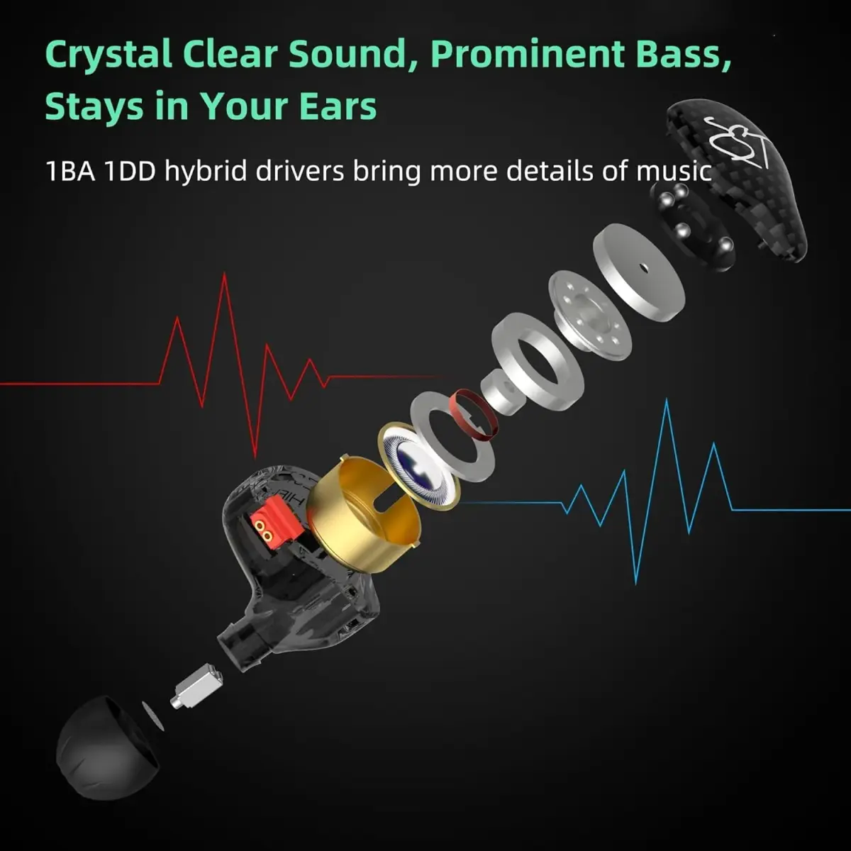 YINYOO KZ-ZST Hybrid In-Ear Monitor Headphones 1BA+1DD 10mm Driver | HiFi Wired Earbuds with Detachable Cable - view 2