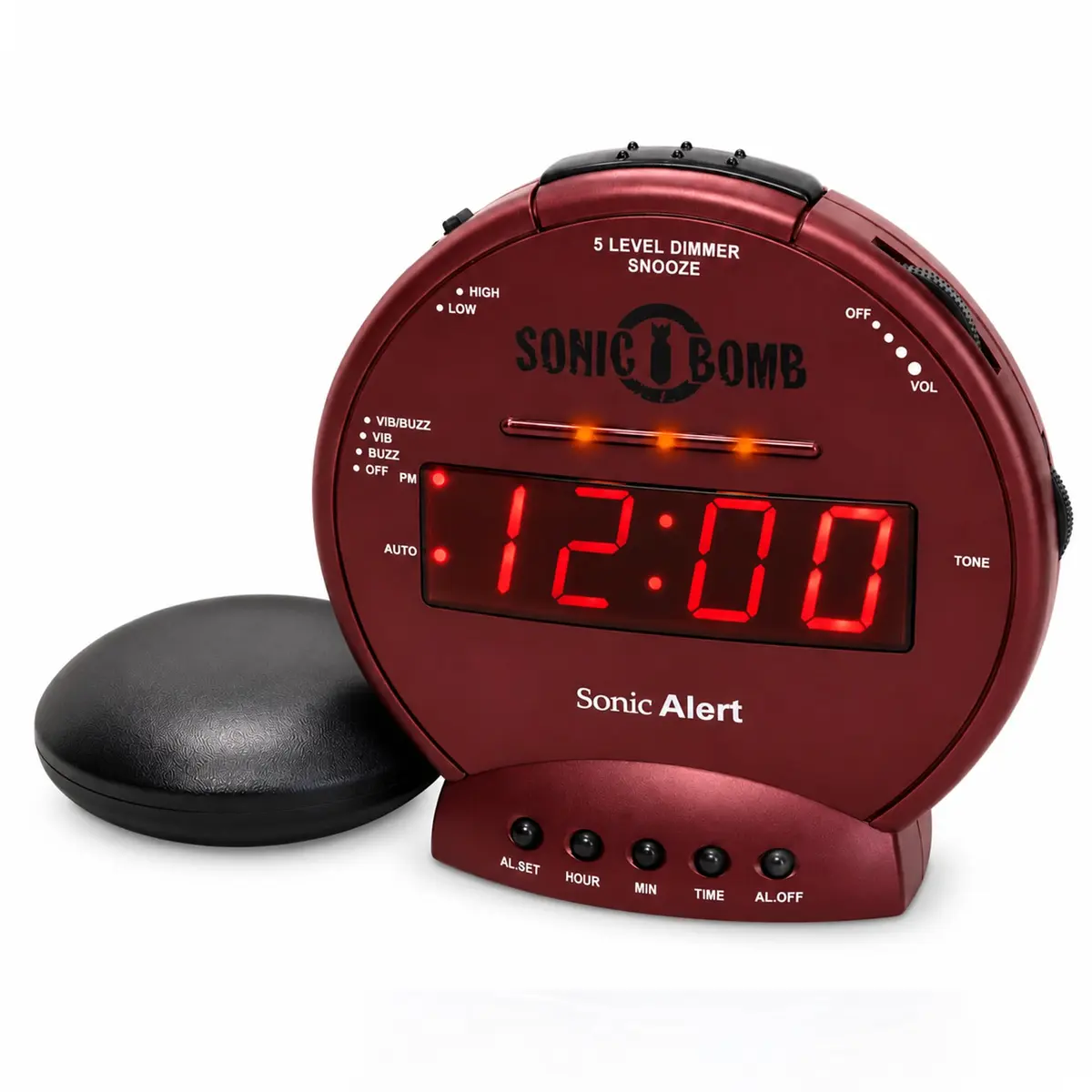 Sonic Alert Sonic Bomb Dual Alarm Clock with Bed Shaker, Red, Heavy Sleepers, Battery Backup | Wake with a Shake - main product image