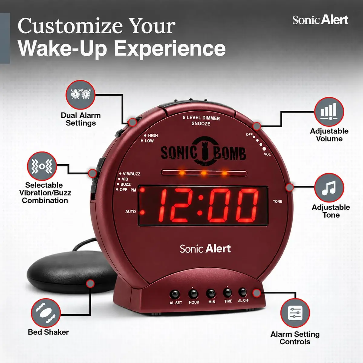 Sonic Alert Sonic Bomb Dual Alarm Clock with Bed Shaker, Red, Heavy Sleepers, Battery Backup | Wake with a Shake - view 6