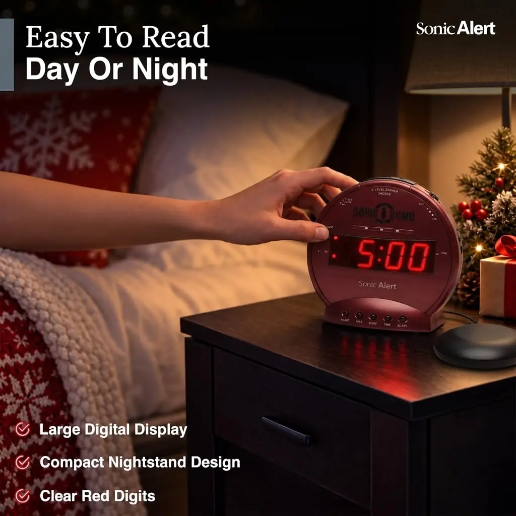 Sonic Alert Sonic Bomb Dual Alarm Clock with Bed Shaker, Red, Heavy Sleepers, Battery Backup | Wake with a Shake - view 7