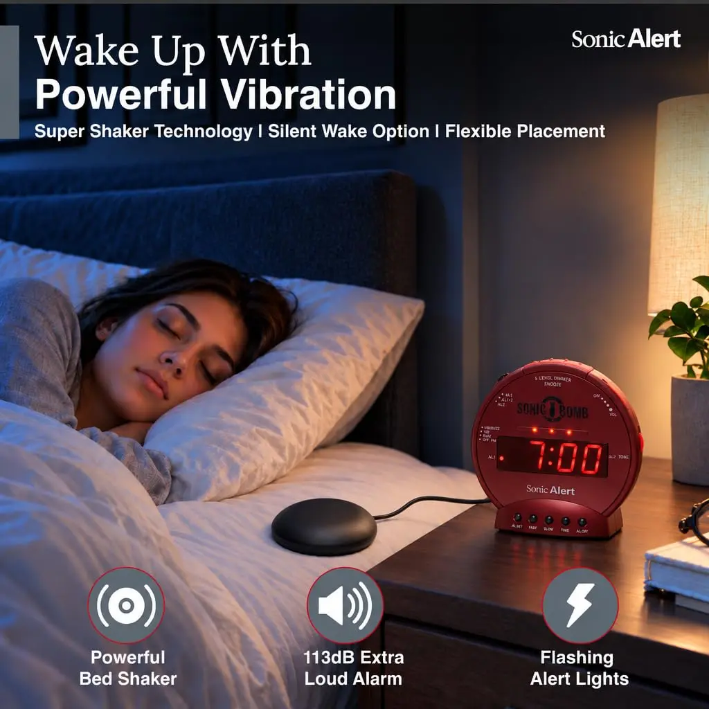 Sonic Alert Sonic Bomb Dual Alarm Clock with Bed Shaker, Red, Heavy Sleepers, Battery Backup | Wake with a Shake - view 4
