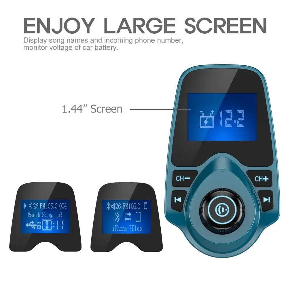 Nulaxy Bluetooth 5.0 Car Adapter FM Transmitter with 1.44" LCD Screen & USB Charger | 12V-24V Input - view 3