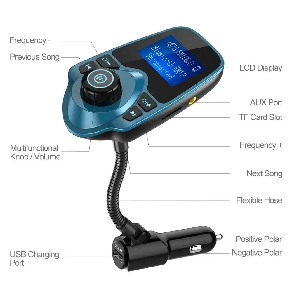 Nulaxy Bluetooth 5.0 Car Adapter FM Transmitter with 1.44" LCD Screen & USB Charger | 12V-24V Input - view 4
