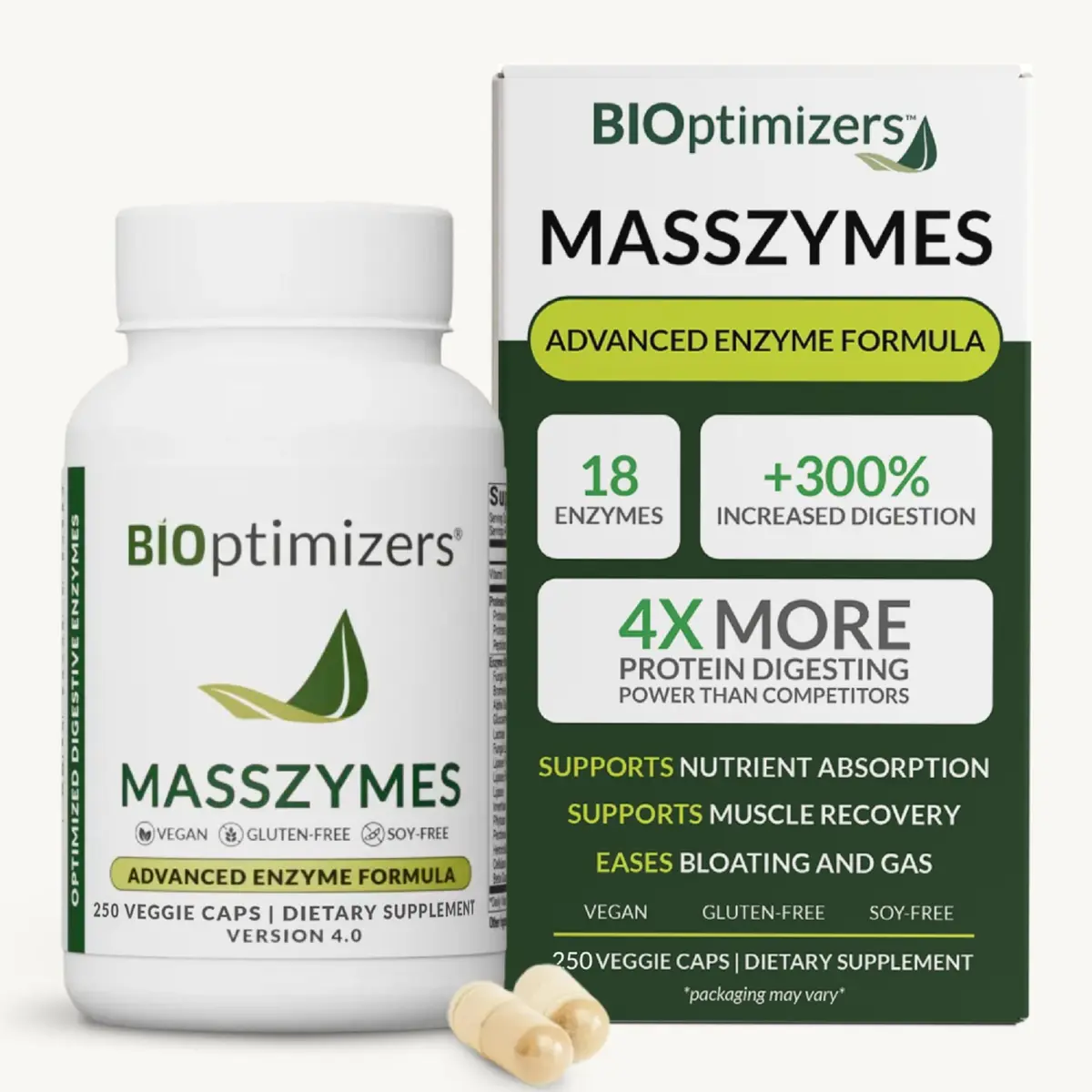 BIOptimizers MassZymes Digestive Enzyme Supplement 250 Capsules | Supports Gut Health & Muscle Recovery - main product image