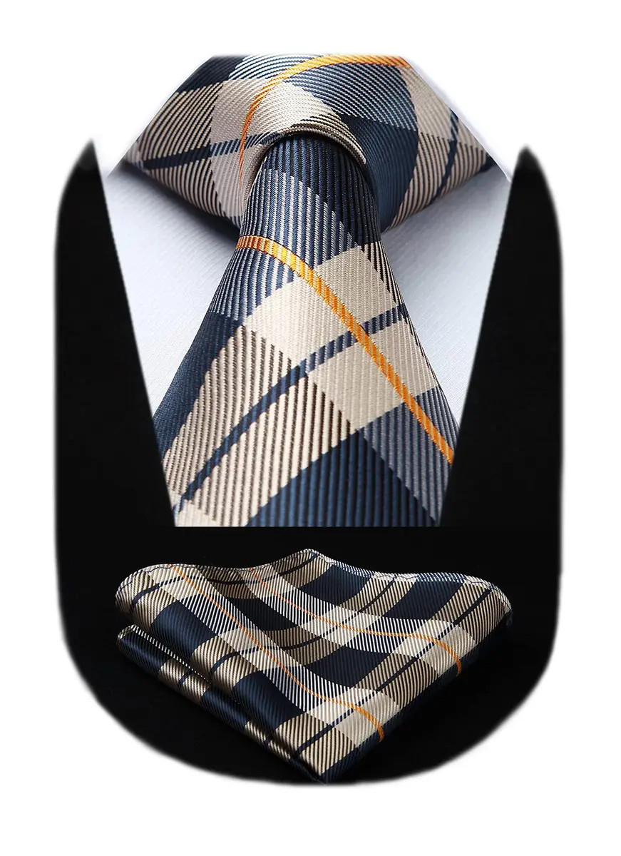 HISDERN Necktie Set for Men Brown Plaid Extra Long 63'' | Formal Silk Checkered - main product image