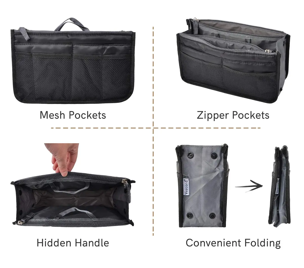 Vercord Purse Organizer Insert for Handbags Large | 13 Pockets Nylon with Adjustable Sides - view 4