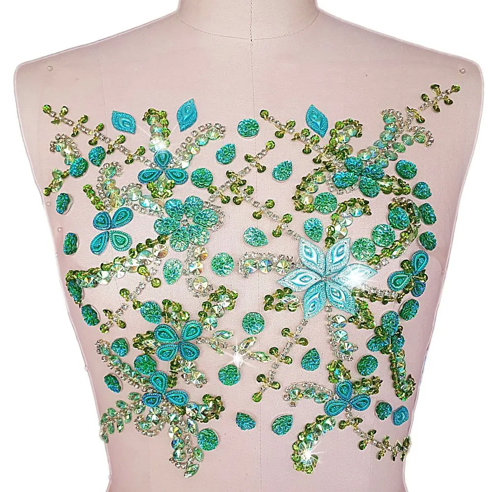 succi shan Green Fabric Appliqué Patch 10.6x12.2″ | Bright Sew-on Rhinestone Flower for Wedding Dresses - main product image