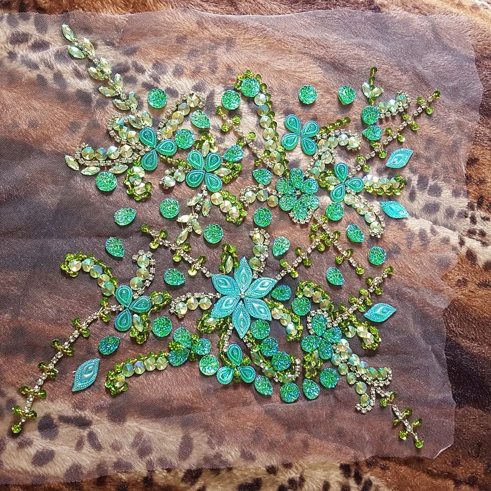 succi shan Green Fabric Appliqué Patch 10.6x12.2″ | Bright Sew-on Rhinestone Flower for Wedding Dresses - view 5