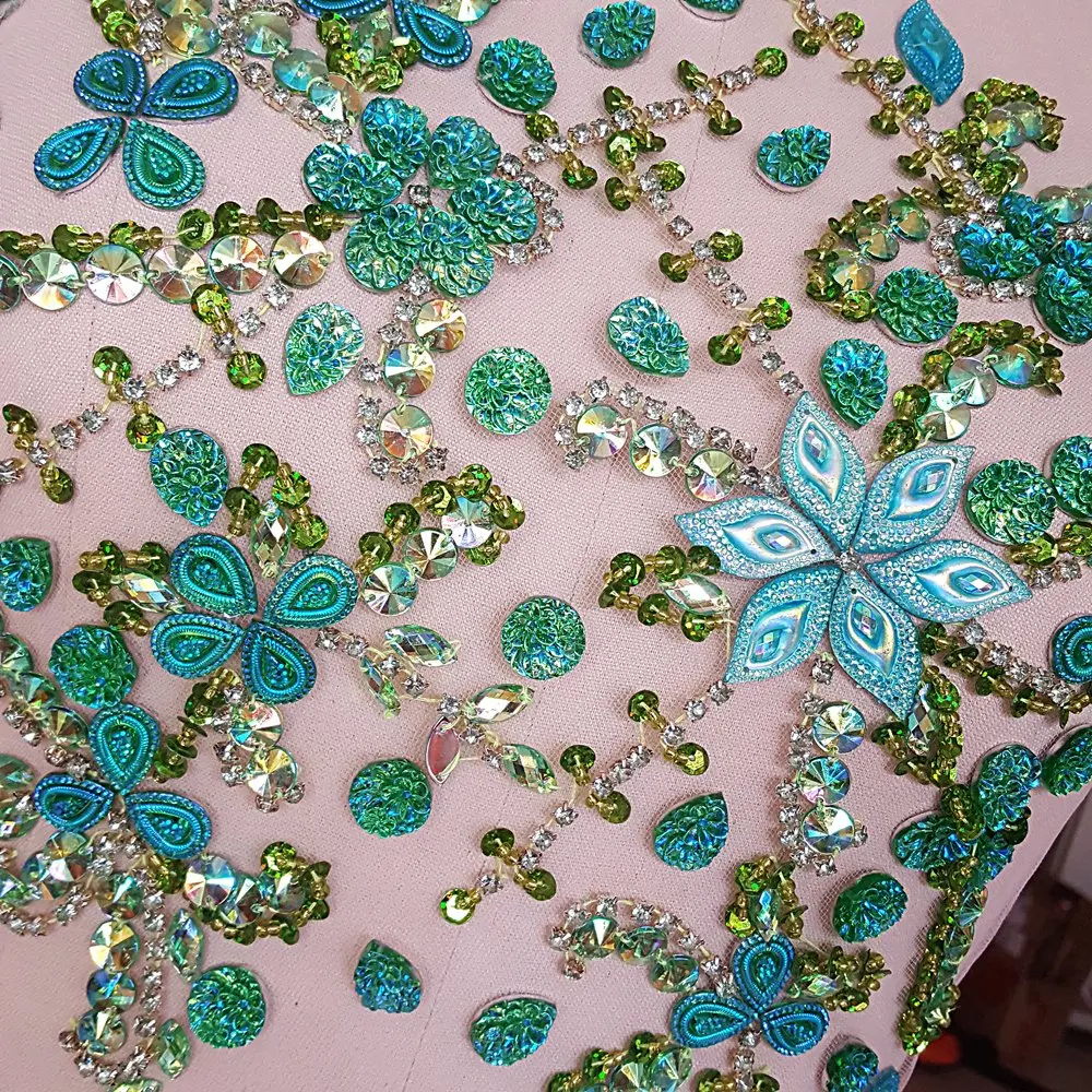 succi shan Green Fabric Appliqué Patch 10.6x12.2″ | Bright Sew-on Rhinestone Flower for Wedding Dresses - view 6