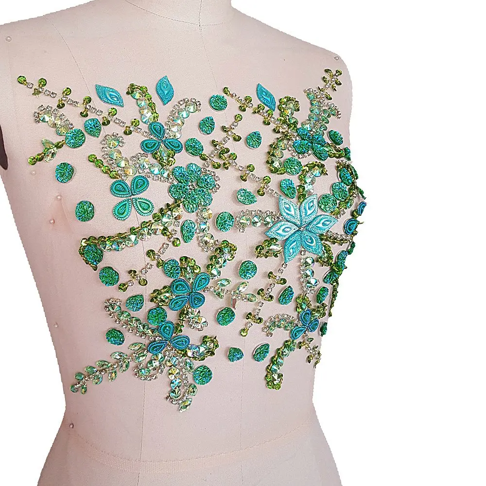 succi shan Green Fabric Appliqué Patch 10.6x12.2″ | Bright Sew-on Rhinestone Flower for Wedding Dresses - view 2