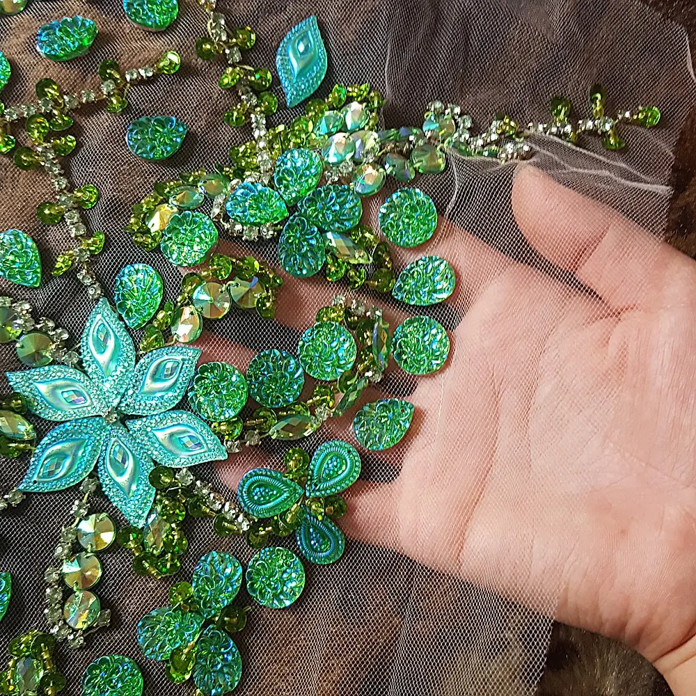 succi shan Green Fabric Appliqué Patch 10.6x12.2″ | Bright Sew-on Rhinestone Flower for Wedding Dresses - view 4