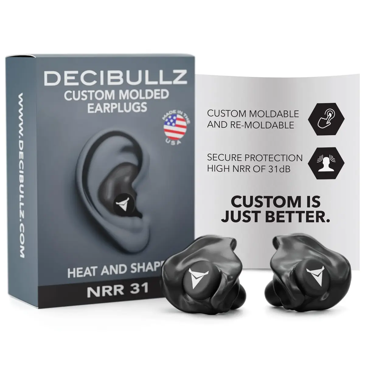 Decibullz Custom Molded Ear Plugs | 31dB NRR Shooting Ear Protection in Black - main product image