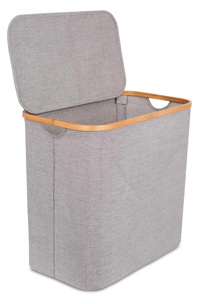 BIRDROCK HOME Bamboo & Canvas Hamper | Foldable Laundry Basket with Lid | 21x13x20 in | Grey - main product image
