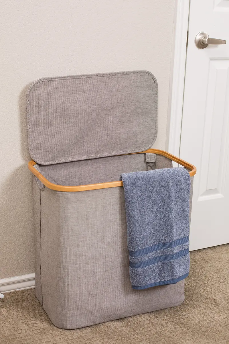 BIRDROCK HOME Bamboo & Canvas Hamper | Foldable Laundry Basket with Lid | 21x13x20 in | Grey - view 5