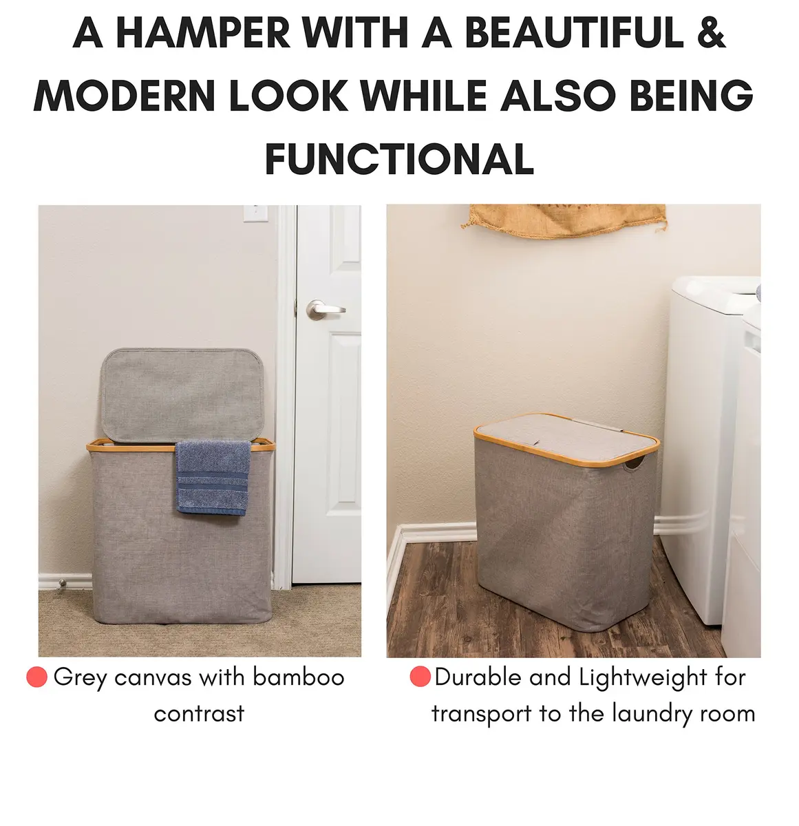 BIRDROCK HOME Bamboo & Canvas Hamper | Foldable Laundry Basket with Lid | 21x13x20 in | Grey - view 2
