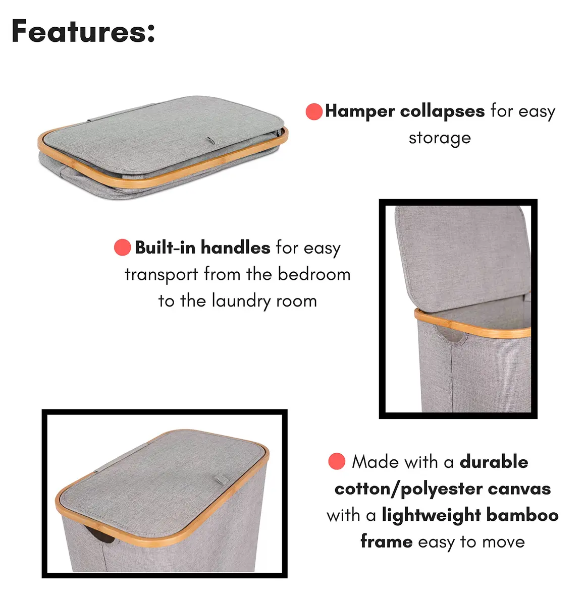 BIRDROCK HOME Bamboo & Canvas Hamper | Foldable Laundry Basket with Lid | 21x13x20 in | Grey - view 3