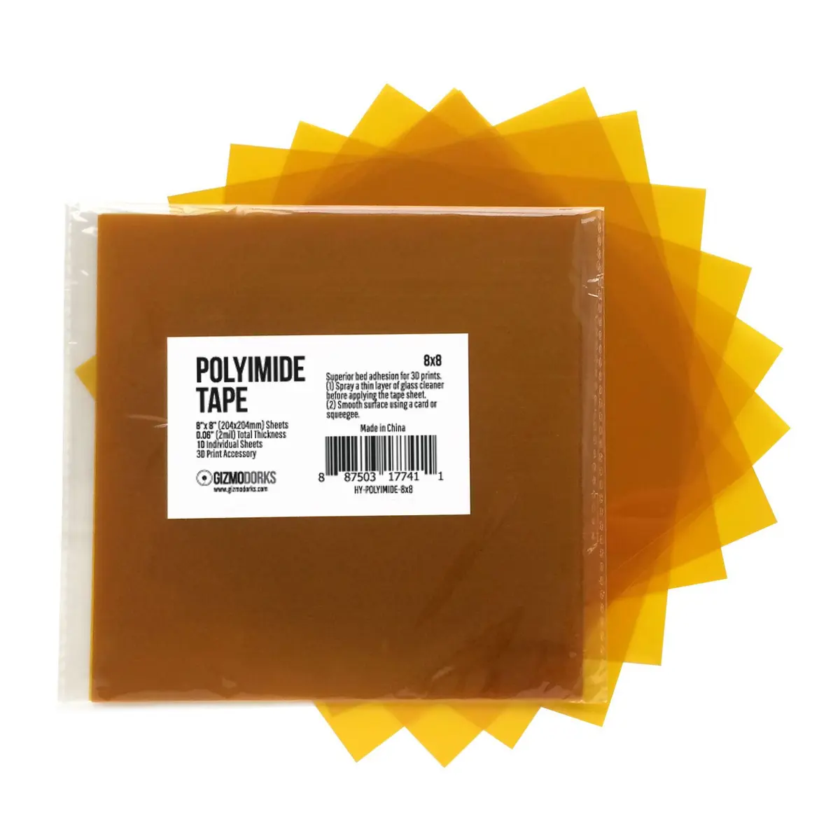 Gizmo Dorks 8 in x 8 in Kapton Polyimide Tape Sheets 10 Pack | Extreme Temperature & Superior Adhesion - main product image