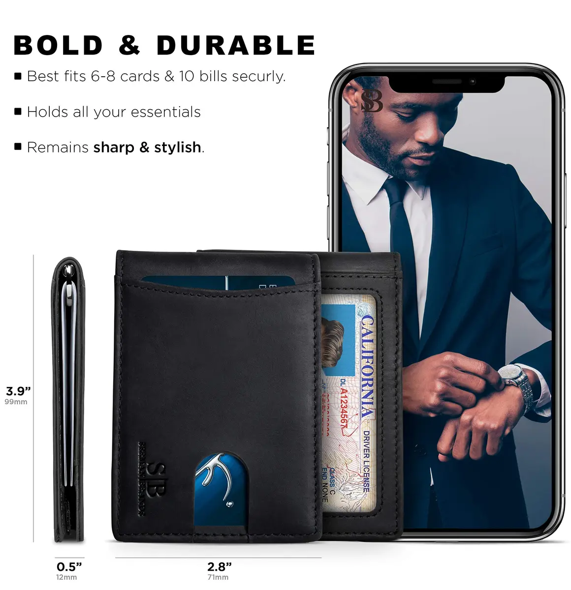 SERMAN BRANDS RFID Blocking Slim Bifold Genuine Leather Wallet for Men with Money Clip | Minimalist Front Pocket Design - view 5