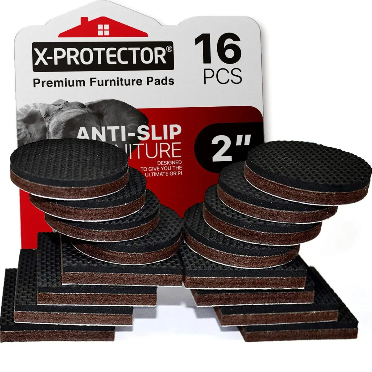 X-Protector 16 PCS 2" Non-Slip Furniture Pads | Round & Square Grippers for Hardwood, Tile, Laminate Floors - main product image