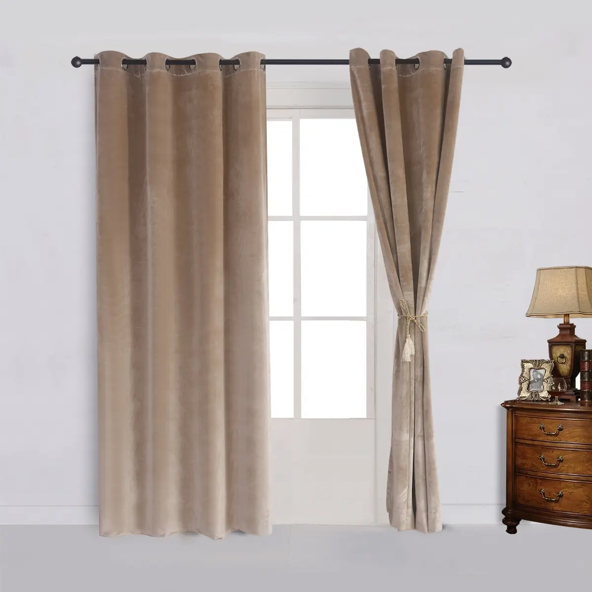 Cherry Home Velvet Curtains Set of 2 Sand Color | Room Darkening Blackout Drapes (52x63 inches) - view 2