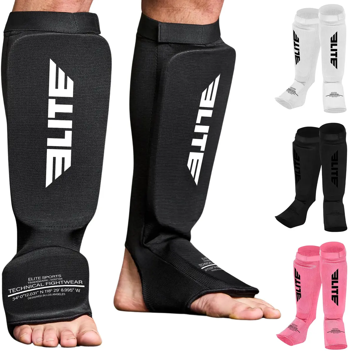 Elite Sports Kickboxing MMA Muay Thai Shin & Instep Guards Leg Pad Training Protective Gear Black/White (Pair, L/XL) - main product image