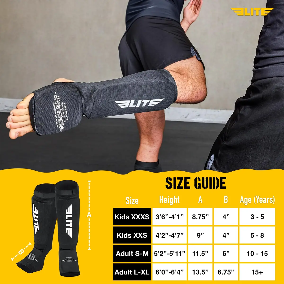 Elite Sports Kickboxing MMA Muay Thai Shin & Instep Guards Leg Pad Training Protective Gear Black/White (Pair, L/XL) - view 4