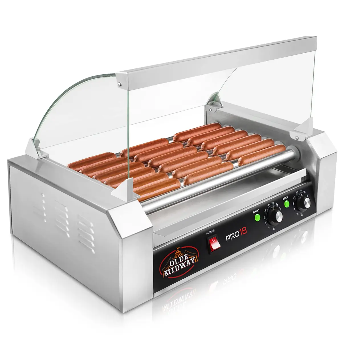 OLDE MIDWAY Electric 18 Hot Dog 7 Roller Grill Cooker with Cover 900-Watt | Commercial Grade - main product image