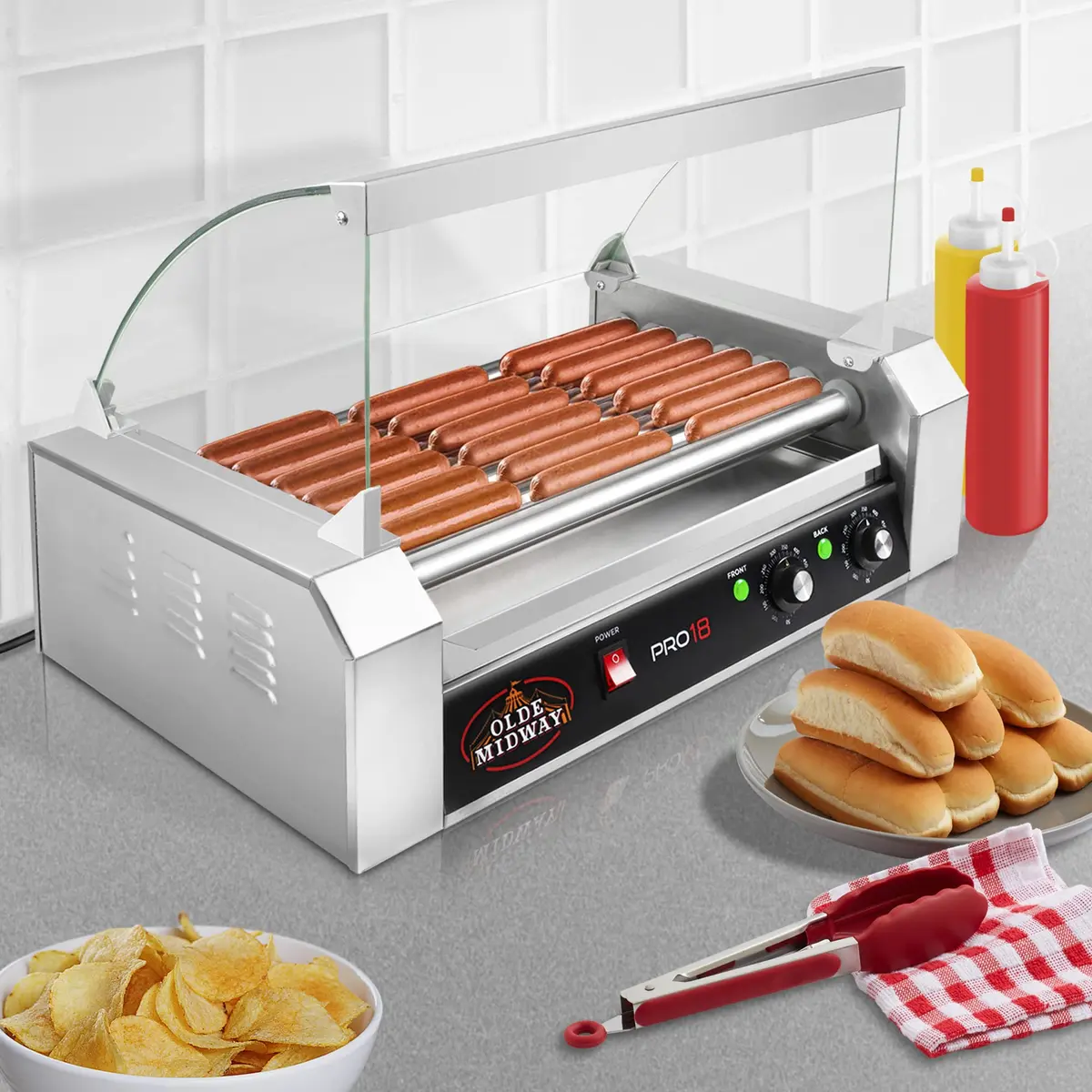 OLDE MIDWAY Electric 18 Hot Dog 7 Roller Grill Cooker with Cover 900-Watt | Commercial Grade - view 7