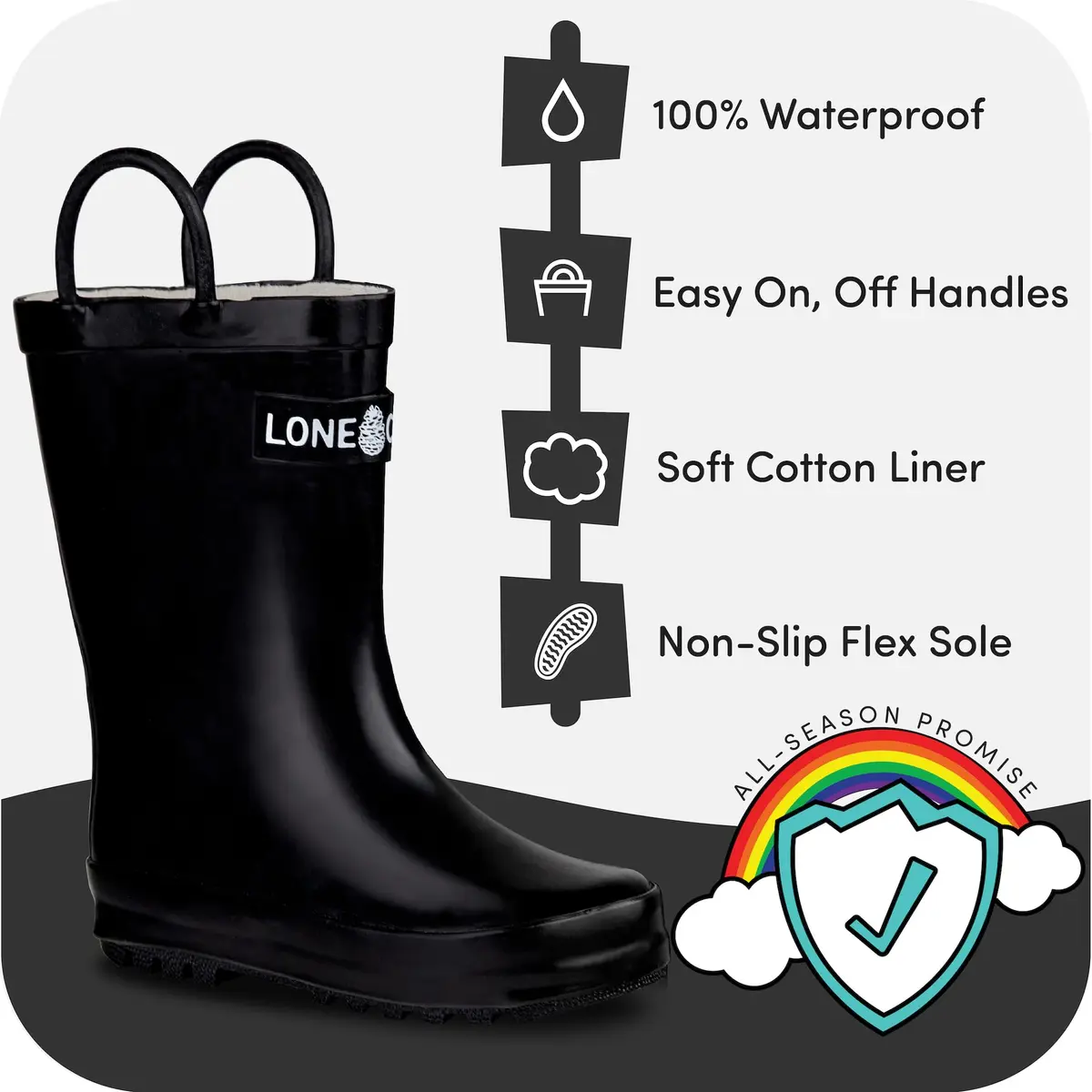 LONECONE Kids Rain Boots for Girls and Boys - Shiny Black, 9 Toddler | Easy Wear & Clean, Child-Friendly Design - view 2