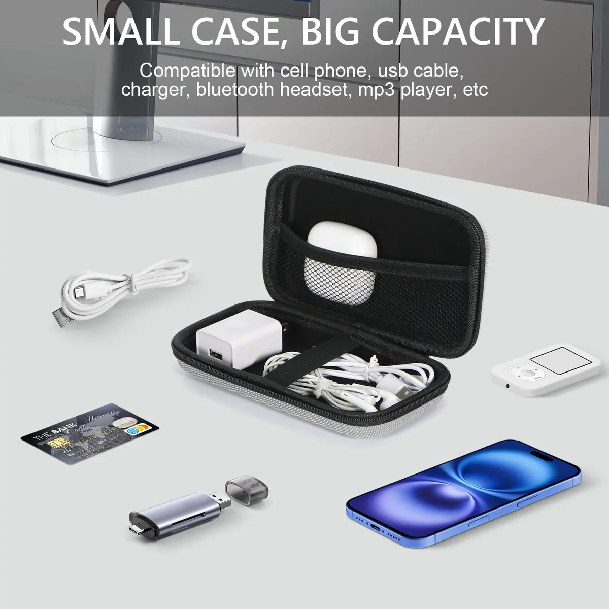 GLCON Small Tech Zipper Bag Organizer, Silver Shockproof EVA Carrying Case | Compact & Durable - view 2