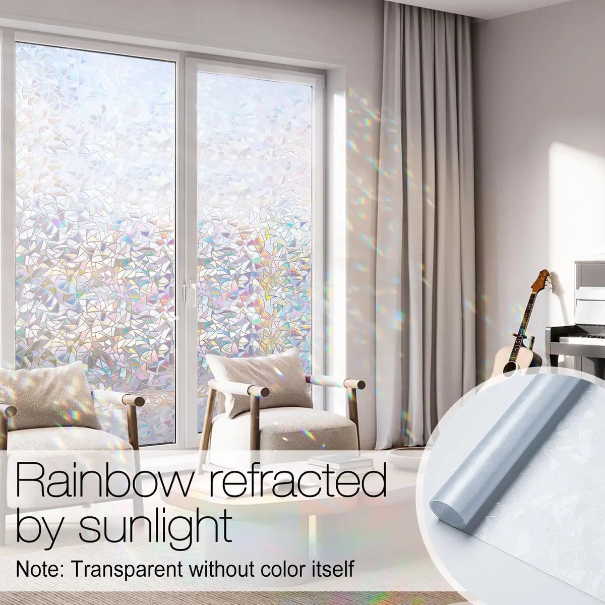 rabbitgoo Rainbow Window Privacy Film, Stained Glass Cling, 17.5" x 78.7" | Static, Reusable, UV Blocker for Home & Decor - view 2