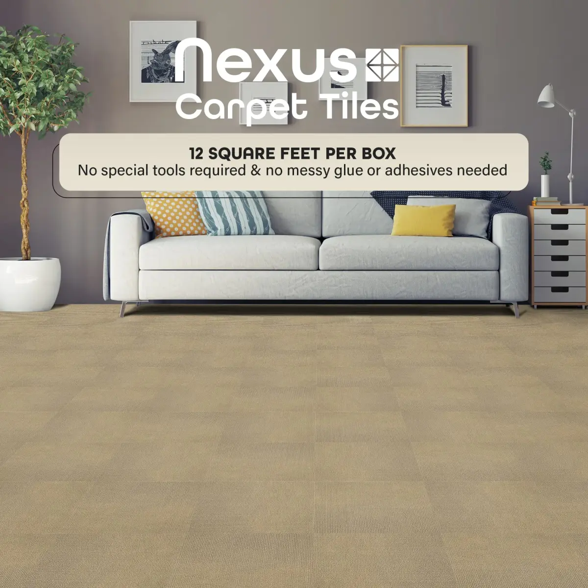 Nexus Peel & Stick Carpet Tiles 12x12 Inch (30x30 cm) Tan | 12 Sq Ft Coverage Pack - view 2
