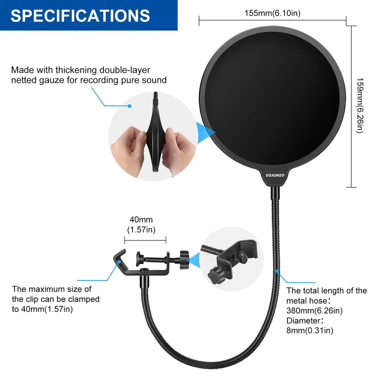 Aokeo Microphone Pop Filter Shield for Blue Yeti & All Microphones | Dual Layer Wind Screen with 360° Gooseneck Clamp - view 6