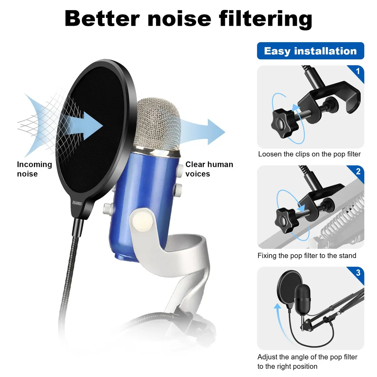 Aokeo Microphone Pop Filter Shield for Blue Yeti & All Microphones | Dual Layer Wind Screen with 360° Gooseneck Clamp - view 3