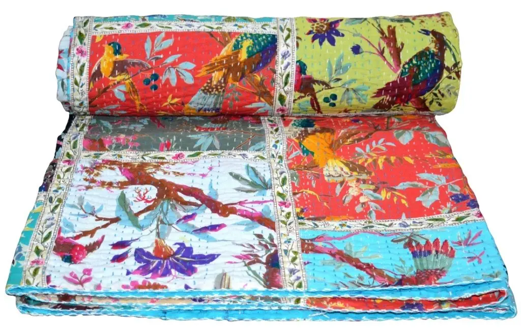 V Vedant Designs Bird Print Patchwork Cotton Kantha Quilt Throw Blanket Bedspread Queen Size | Hand Embroidered Art - main product image