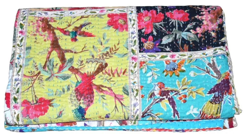 V Vedant Designs Bird Print Patchwork Cotton Kantha Quilt Throw Blanket Bedspread Queen Size | Hand Embroidered Art - view 3