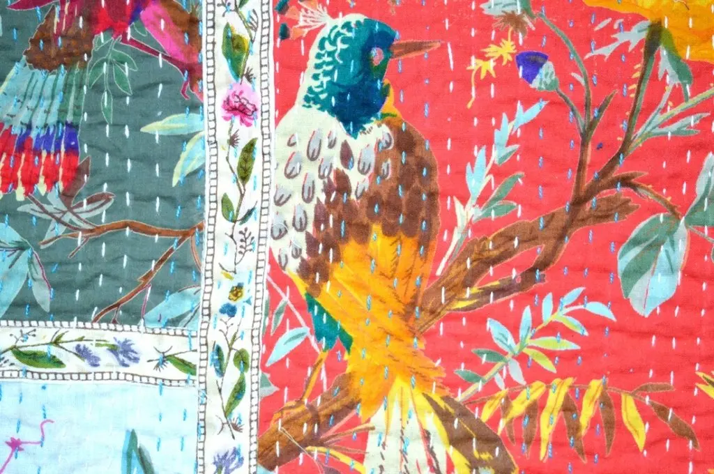 V Vedant Designs Bird Print Patchwork Cotton Kantha Quilt Throw Blanket Bedspread Queen Size | Hand Embroidered Art - view 2