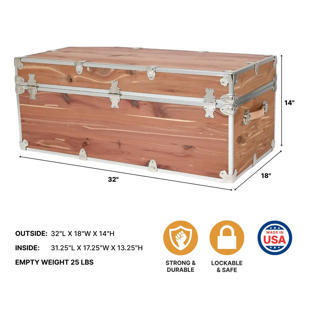 Rhino Trunk & Case Knotty Cedar Large Chest | Lockable, Heirloom-Quality Storage Trunk (32"L x 18"W x 14"H) - view 2