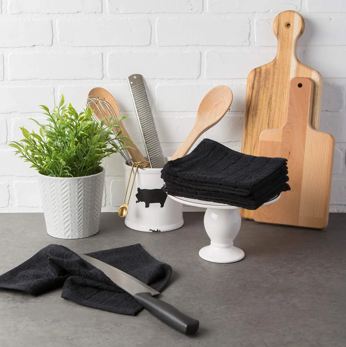 DII Basic Terry Collection Solid Windowpane Dishcloth Set, 12x12 in Black, 6 Piece | Absorbent Cotton Kitchen Essentials - view 4
