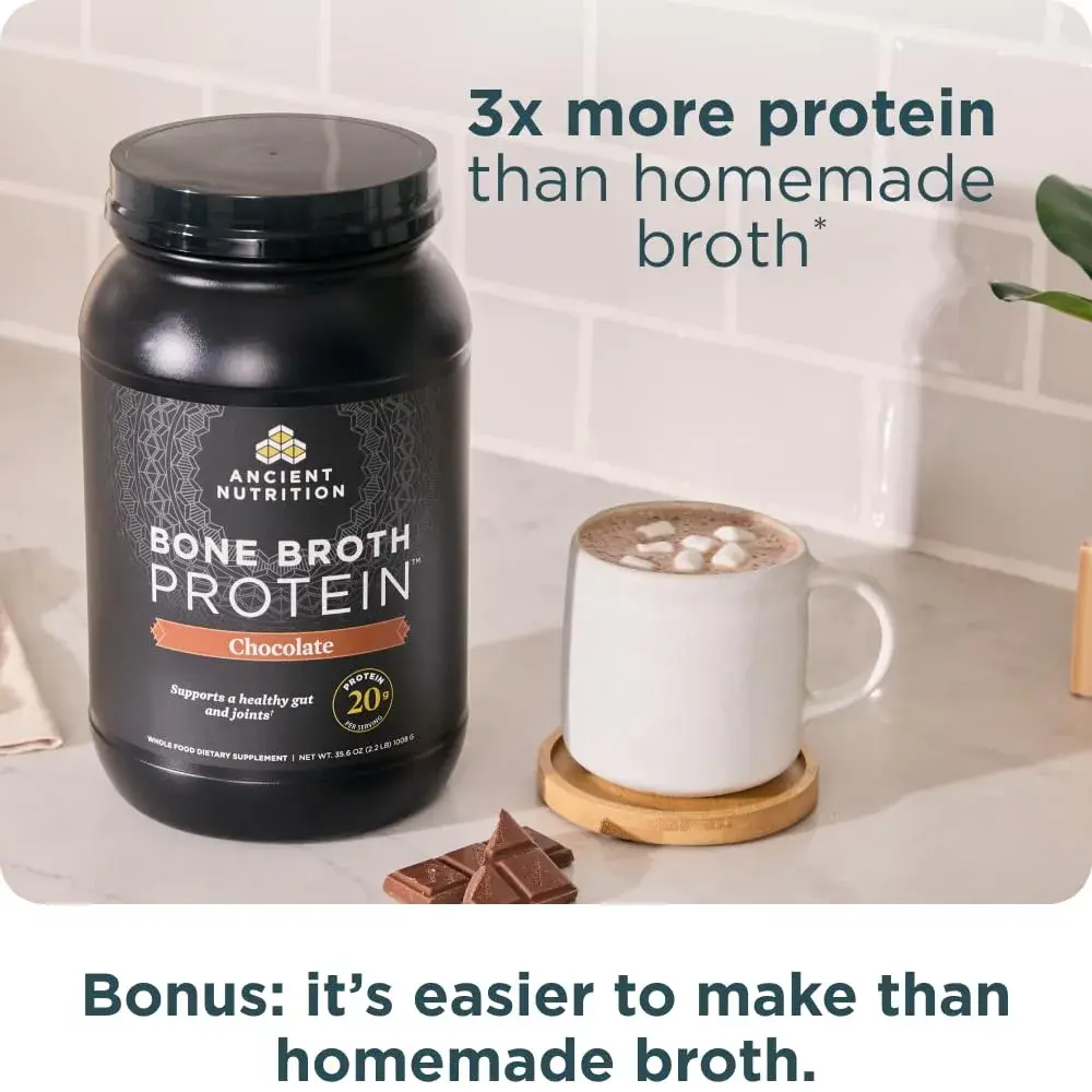 Ancient Nutrition Grass Fed Bone Broth Protein Powder Chocolate 1kg (35.6oz) | 20g Protein Per Serving - view 6