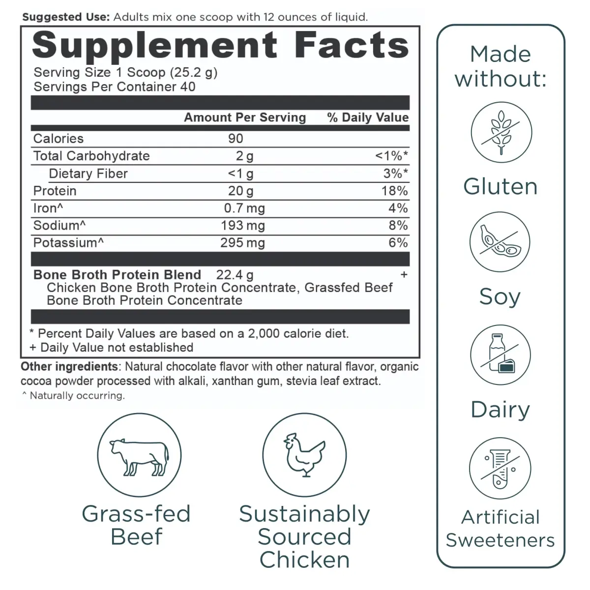 Ancient Nutrition Grass Fed Bone Broth Protein Powder Chocolate 1kg (35.6oz) | 20g Protein Per Serving - view 9