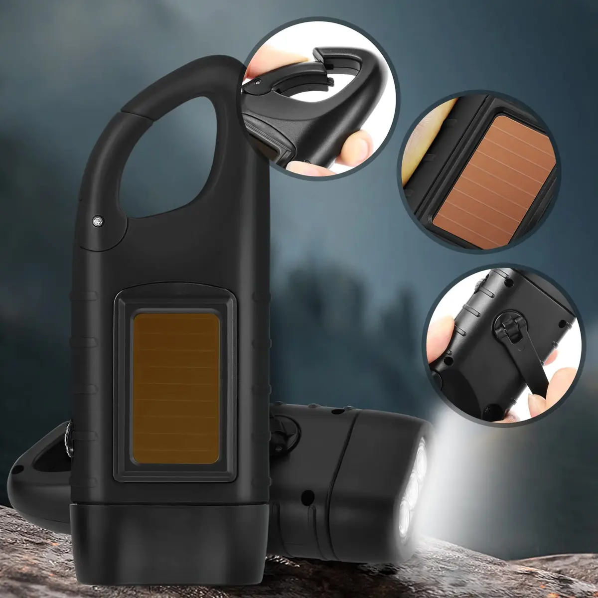 Simpeak Hand Cranking Solar Powered Flashlight, Rechargeable Emergency LED Flashlight Carabiner Dynamo Quick Snap Clip Backpack Flashlight Torch for Outdoor Camping Climbing Hiking (Black) - view 2