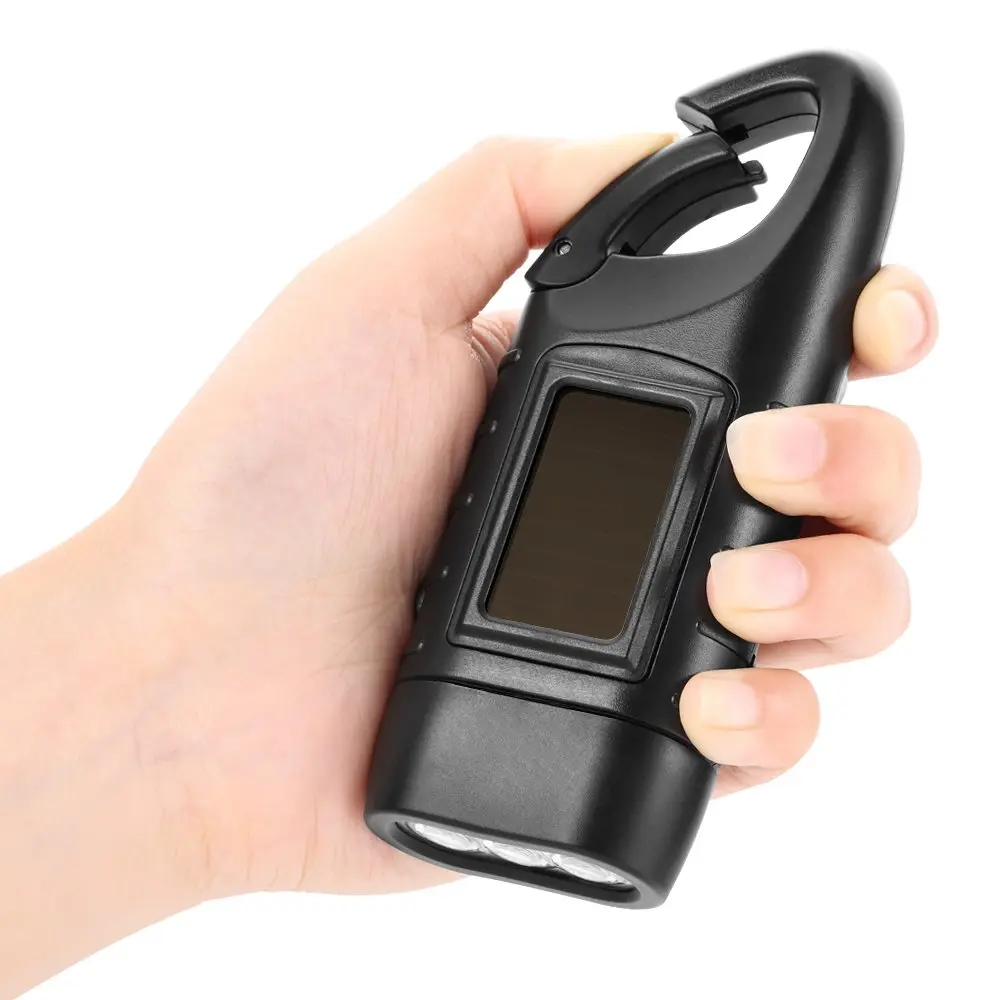 Simpeak Hand Cranking Solar Powered Flashlight, Rechargeable Emergency LED Flashlight Carabiner Dynamo Quick Snap Clip Backpack Flashlight Torch for Outdoor Camping Climbing Hiking (Black) - view 3