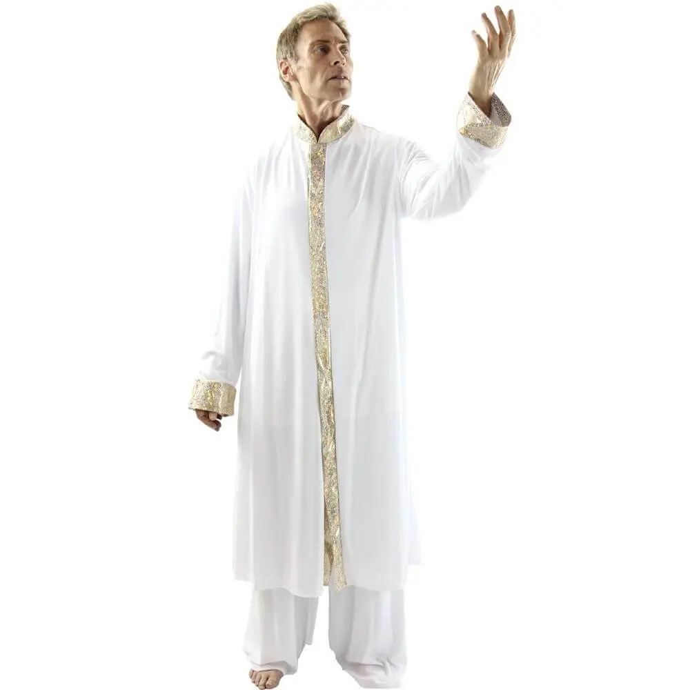 Danzcue Mens Worship Dance Stained Glass Robe, White-Gold, S-M | Religious Dance Costume with Stand-Up Collar - main product image