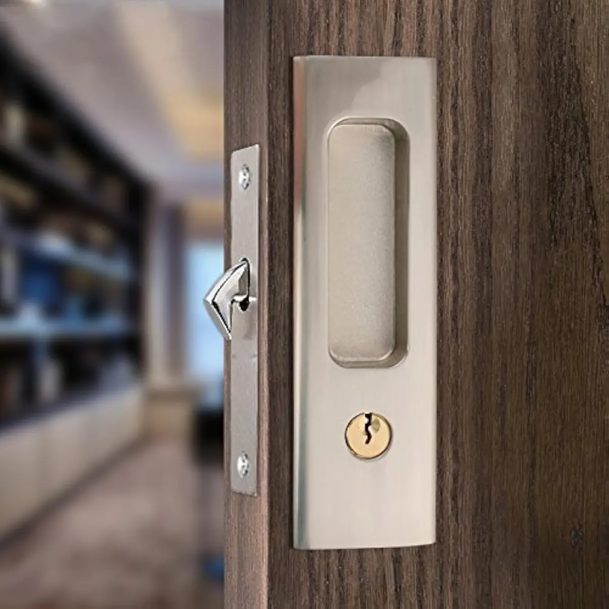 CCJH Privacy Pocket Door Lock Handle with Key, Zinc Alloy Brushed Nickel Silver 160mm (6.3" x 1.77") | Modern Interior Furniture Hardware - main product image