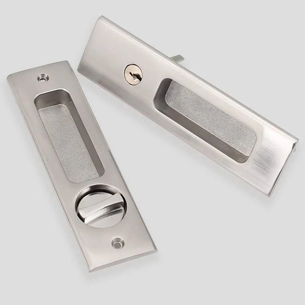 CCJH Privacy Pocket Door Lock Handle with Key, Zinc Alloy Brushed Nickel Silver 160mm (6.3" x 1.77") | Modern Interior Furniture Hardware - view 2