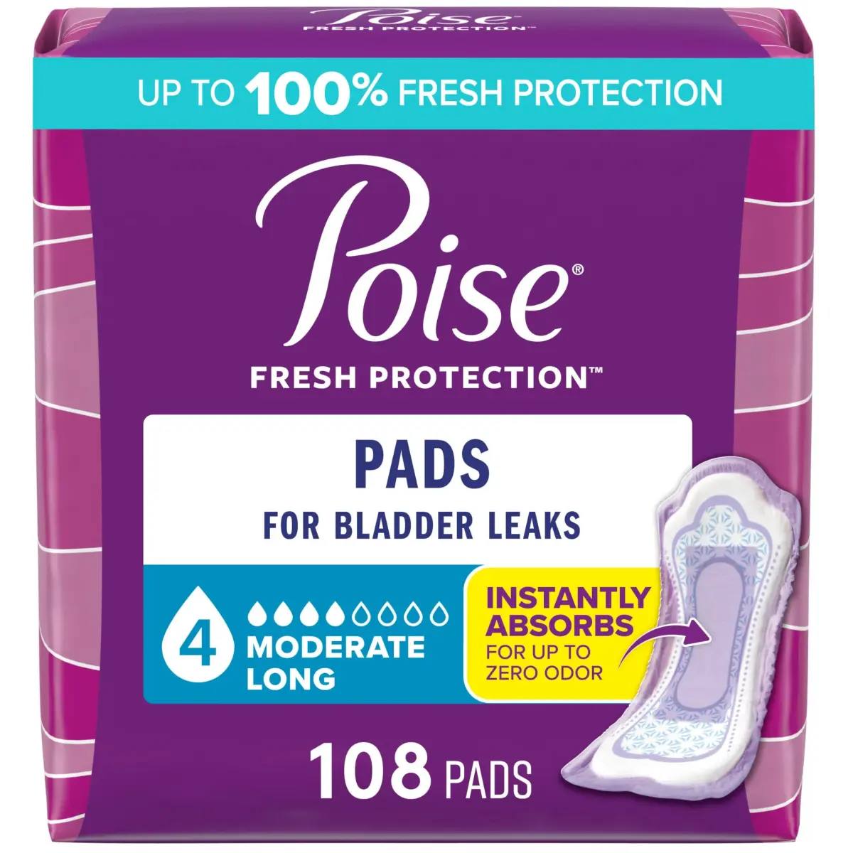 Poise Incontinence Pads for Women, 4 Drop Moderate Absorbency, 108 Count Long | Dermatologist Tested Protection - main product image