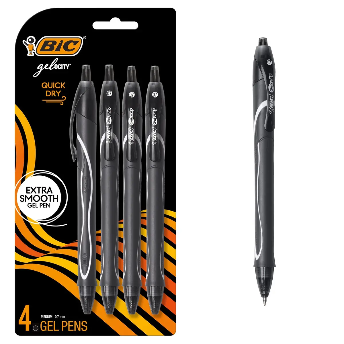 BIC Gelocity Quick Dry Black Gel Pens, Medium Point, 0.7mm, 4-Count | Smear-Resistant Ink - main product image